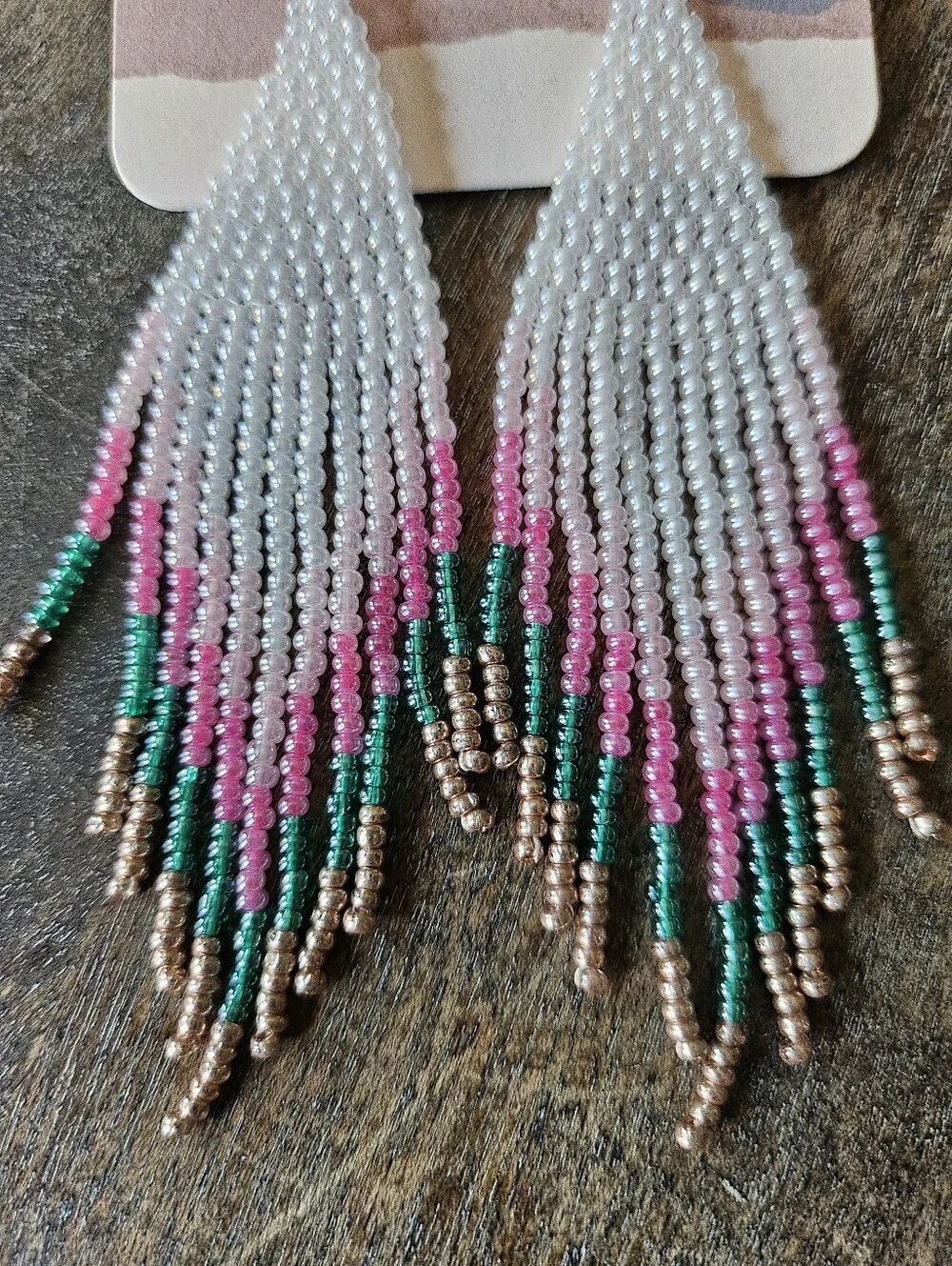NEW Pink And White Seed Bead Western Boho Fringe Earrings